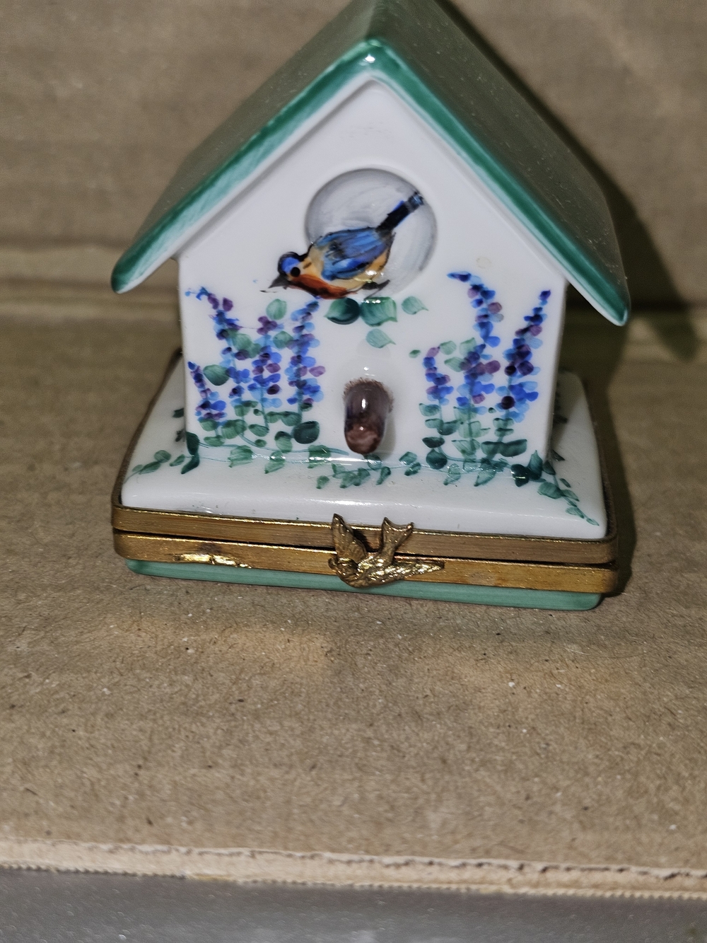 Limoges Hand-Painted Blue and Green Birdhouse Trinket Box